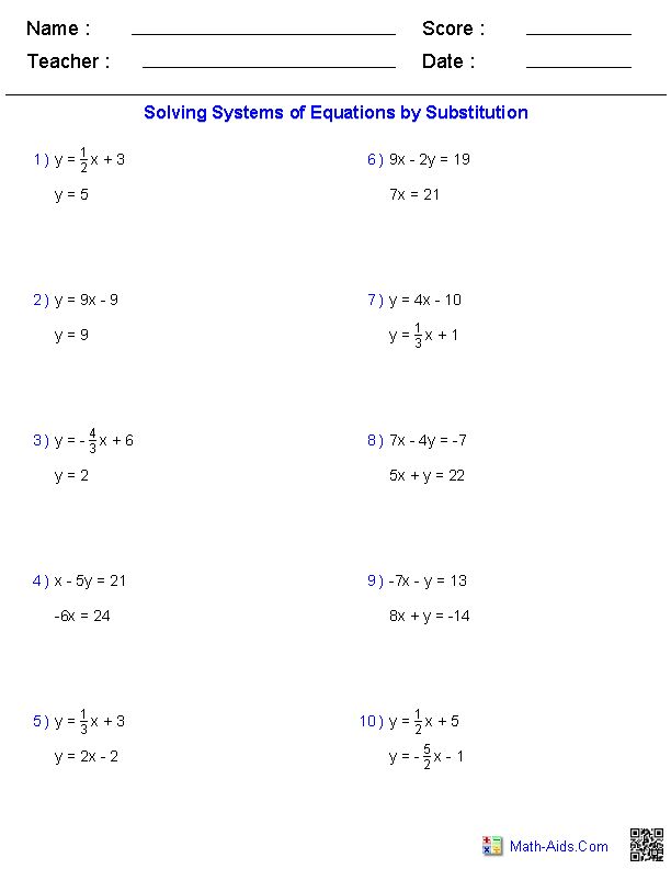 PreAlgebra Worksheets Systems of Equations Worksheets Pre algebra