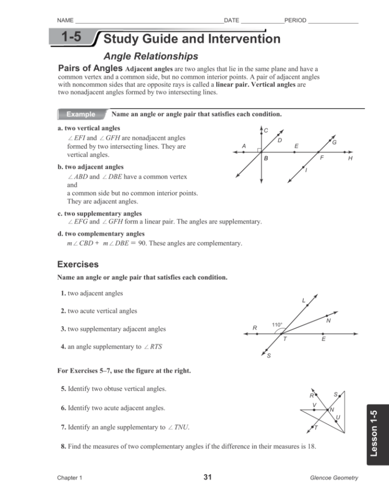 Angle Pair Relationships Worksheet Geometry Section 1.5