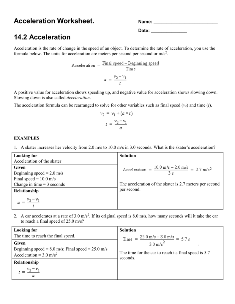 Acceleration Worksheet 14.2 Answers