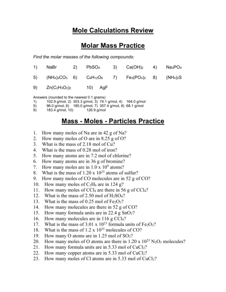 1.1 Moles And Molar Mass Worksheet