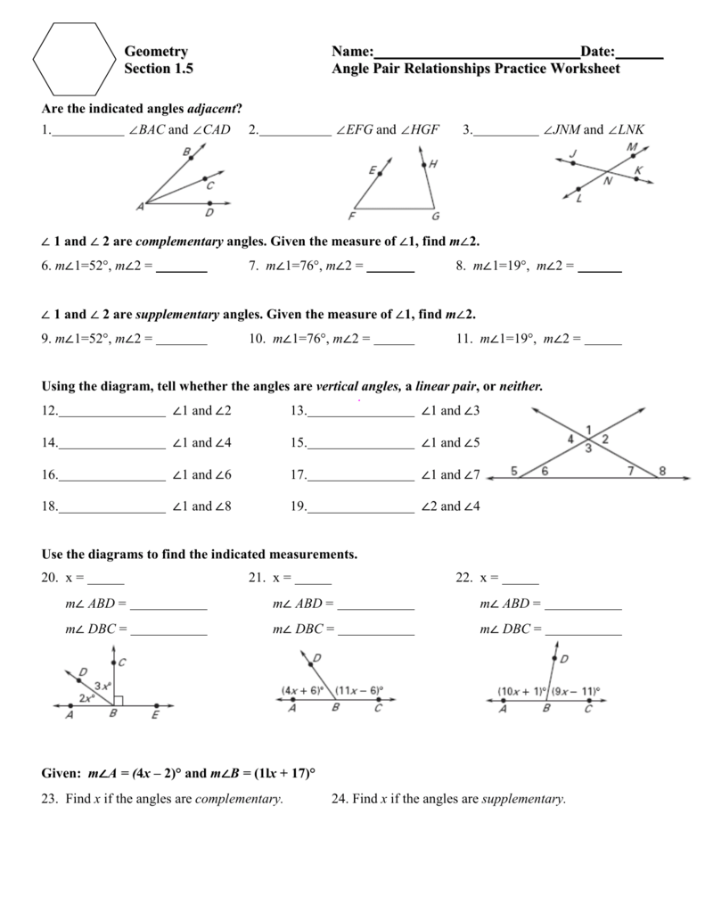 1.5 Angle Relationships Worksheet Answers