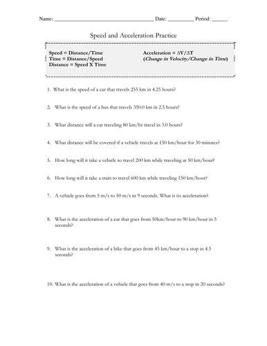 Acceleration Worksheet Answers