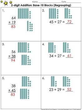 2 Digit Addition With Regrouping Using Base Ten Blocks Worksheets