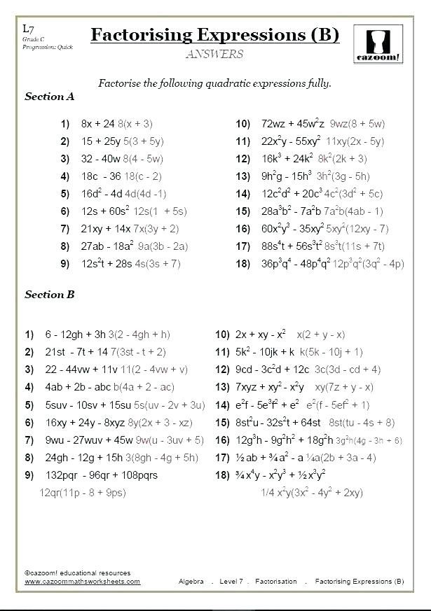 Year 8 Maths Worksheets Algebra