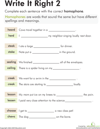 3rd Grade Homophones Sentences Worksheet