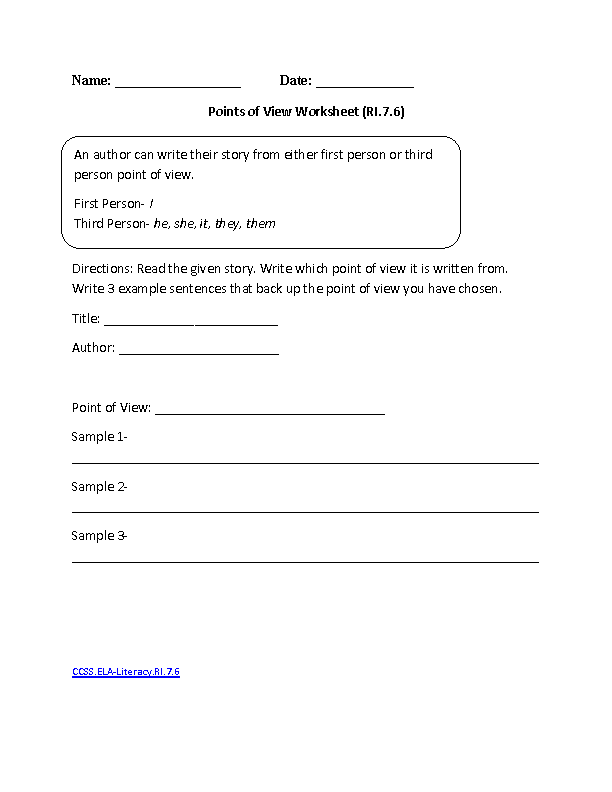 Point Of View Worksheets 7th Grade