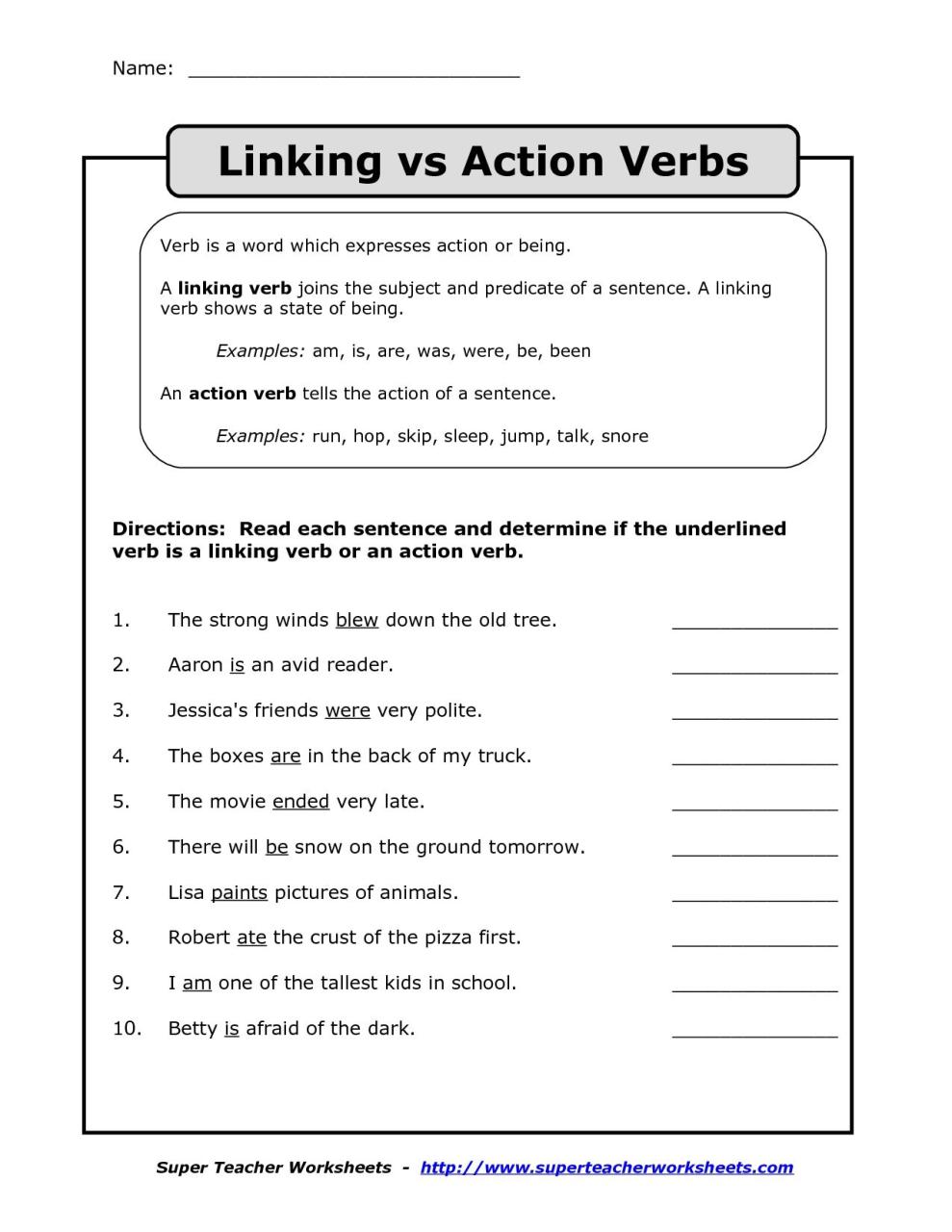 Linking Verbs Worksheet Grade 3