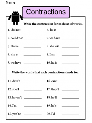 1st Grade Contractions Grammar Worksheets