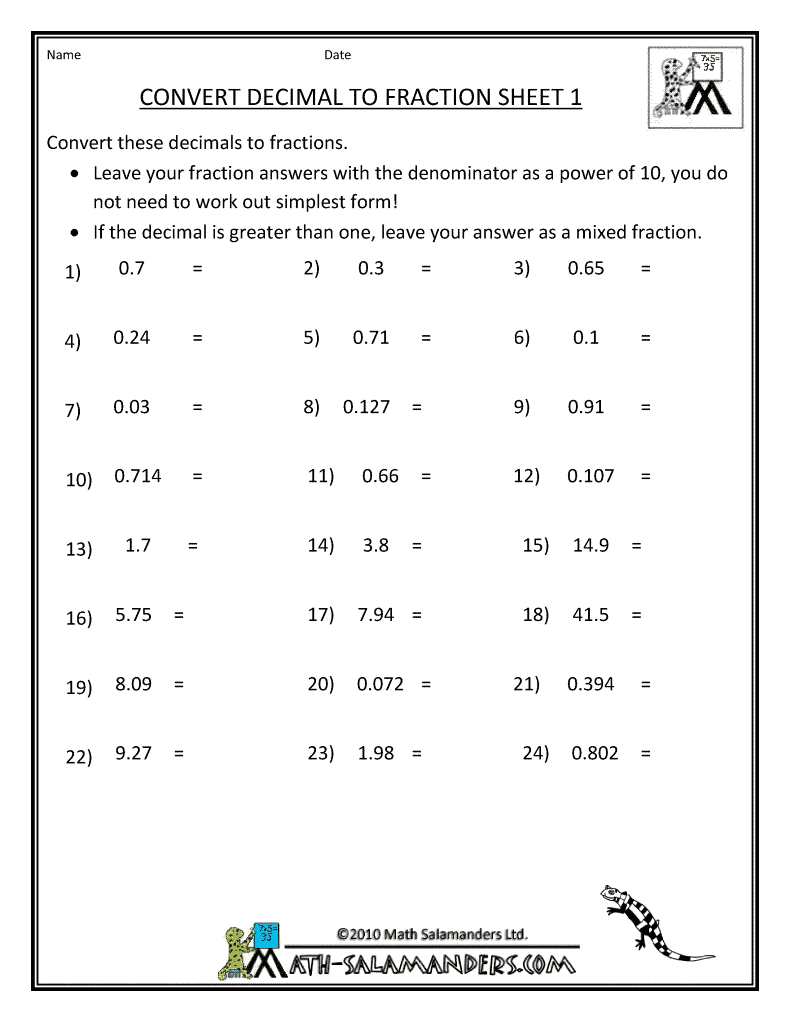 Converting Fractions To Decimals Worksheet 5th Grade