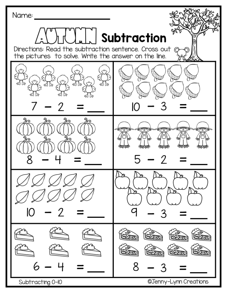 1st Grade Fall Subtraction Worksheets