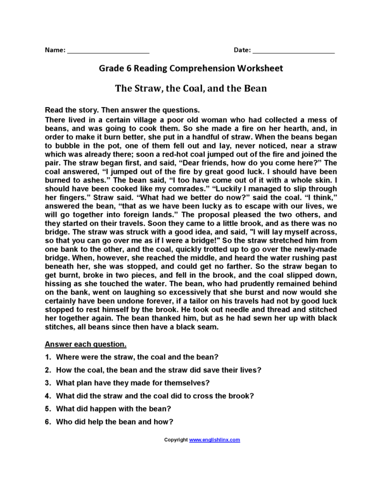 English Comprehension Worksheets For 6th Grade