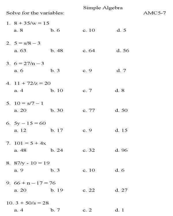 7th Grade Algebra Practice Worksheets