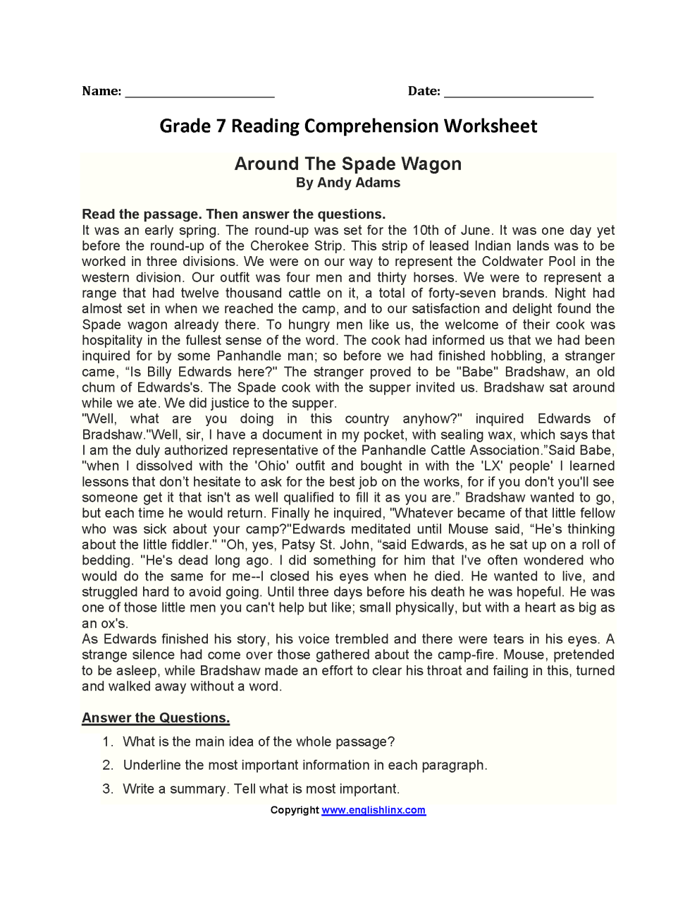Grade 7 Reading Comprehension Worksheets Pdf Free