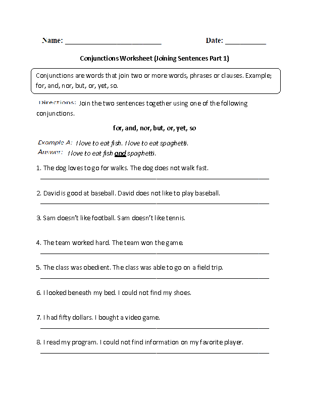 Conjunction Worksheets For Grade 2