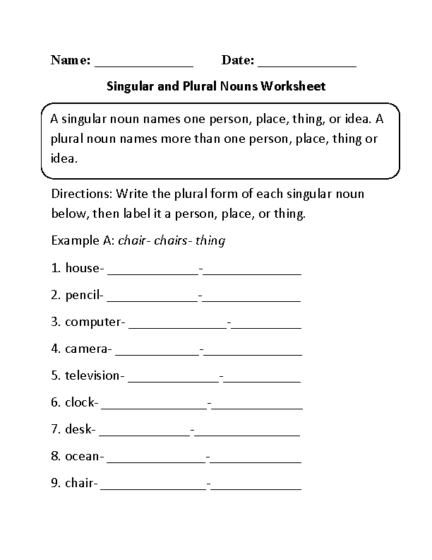 Singular And Plural Nouns Worksheet Grade 6