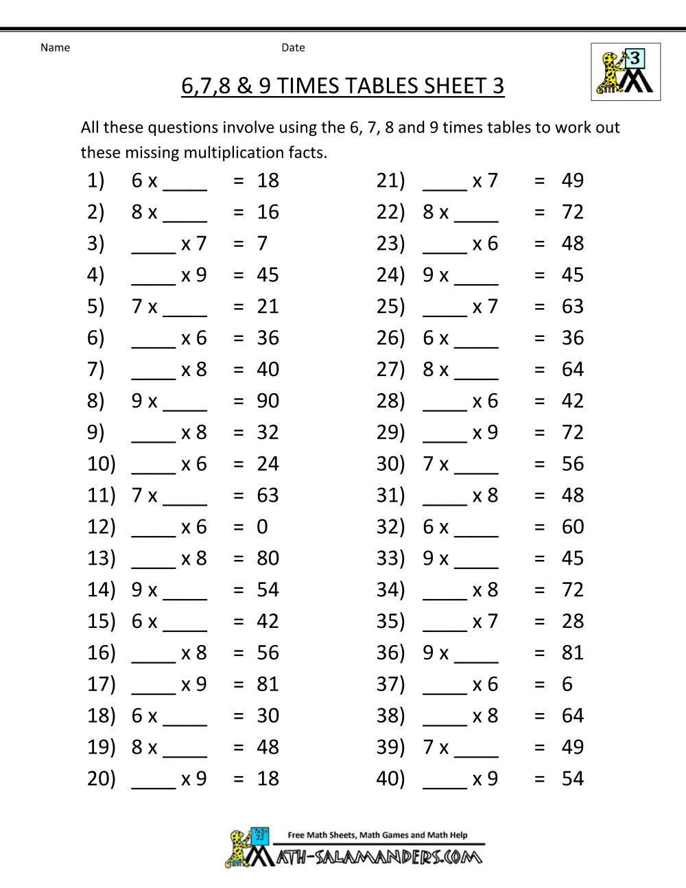Math 7 Times Table Worksheet