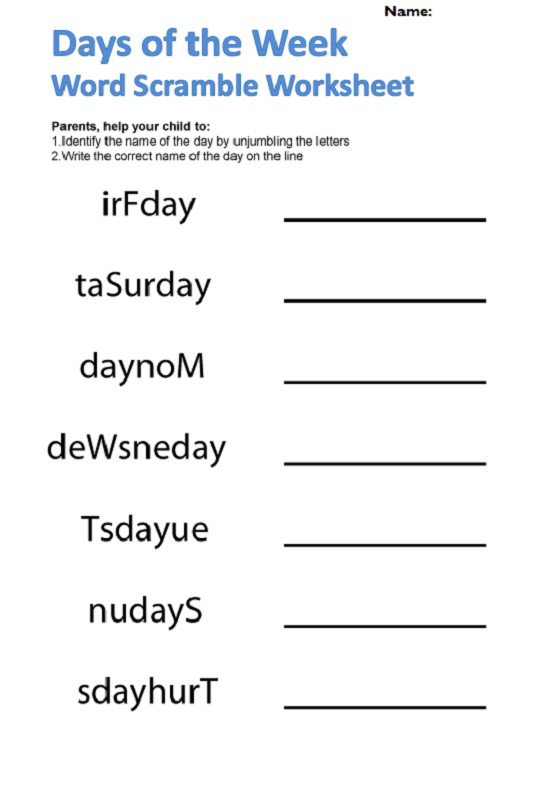 Days Of The Week Worksheet For Kids