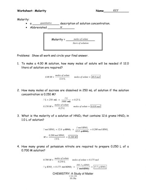 Molarity Worksheet With Answers