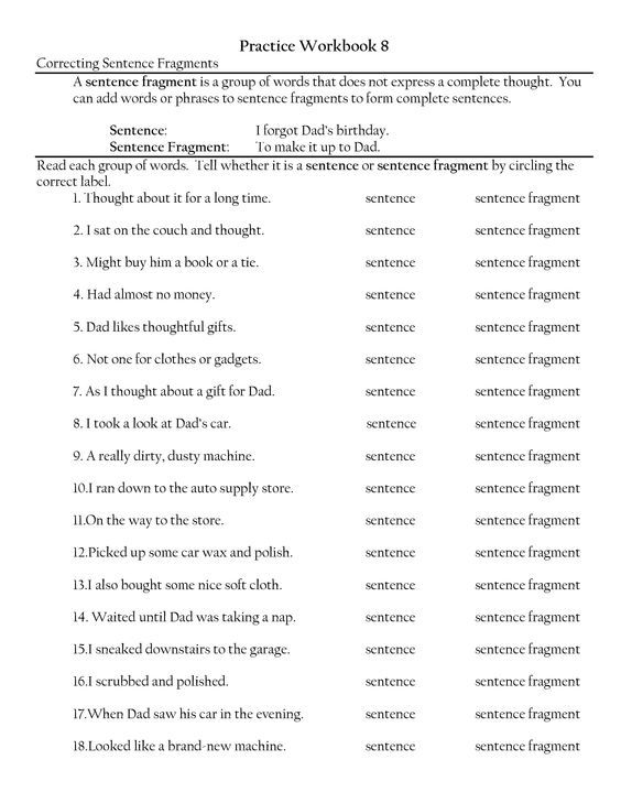 Sentence Fragment Worksheets