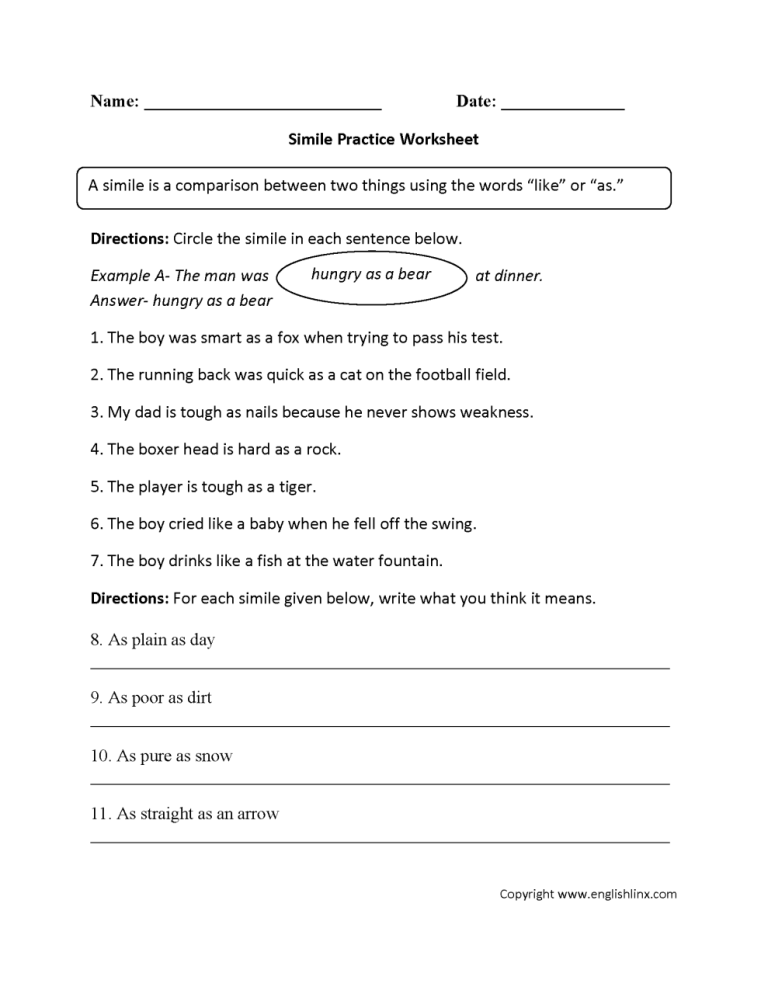 Figurative Language Worksheet 3 Answer Key