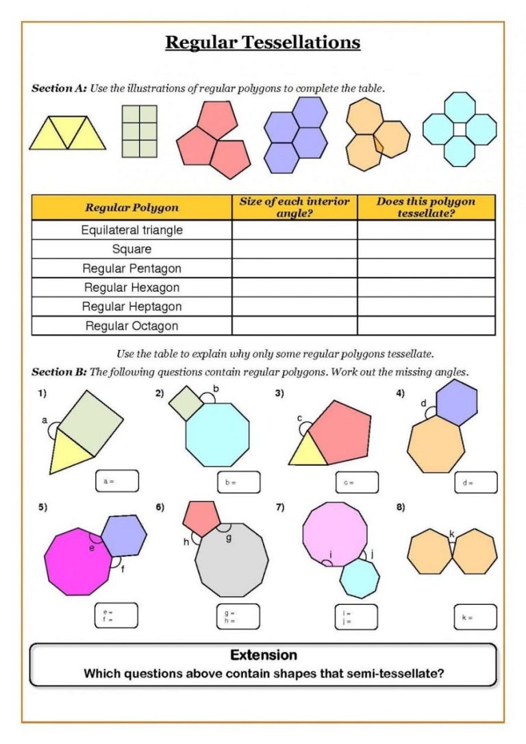 Mathematics Tessellation Worksheets