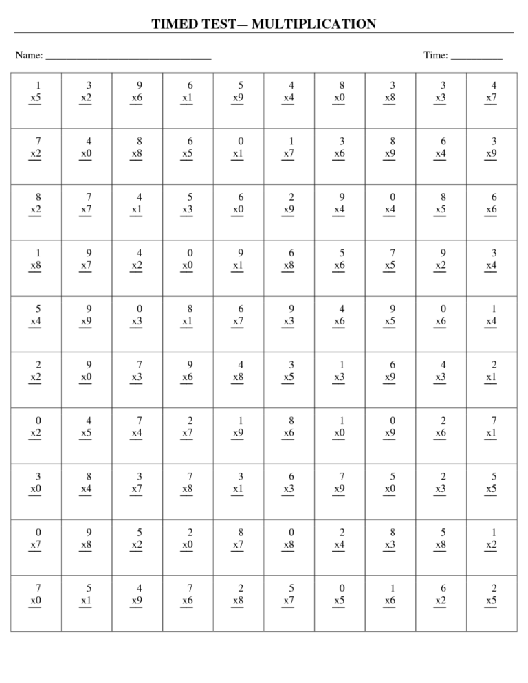 Timed Multiplication Worksheets Printable