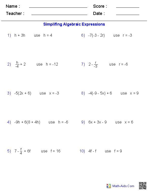 8th Grade Writing Algebraic Expressions Worksheet
