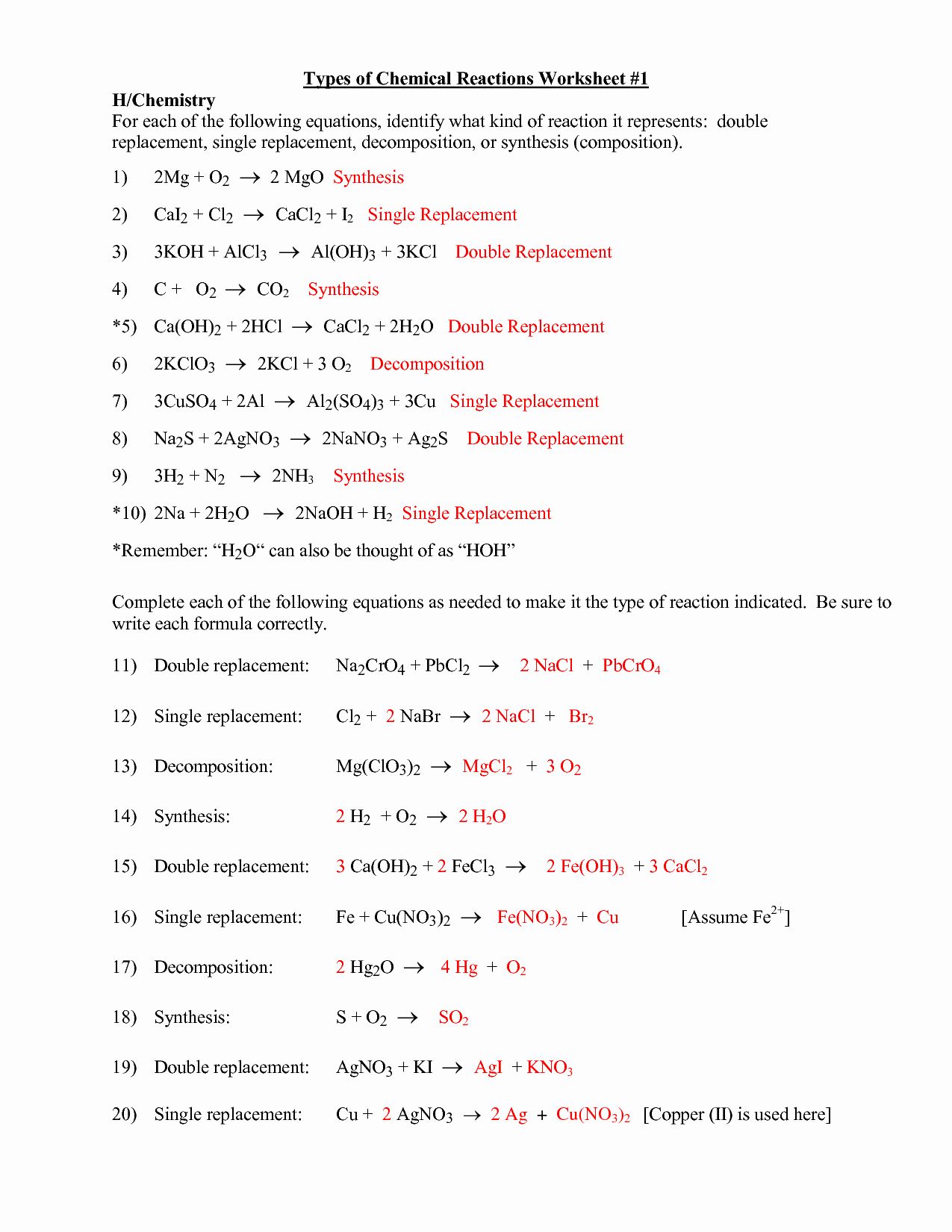 Chemistry Types Of Reactions Worksheet