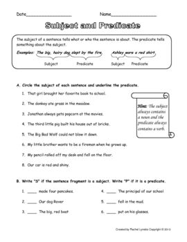 Subject And Predicate Worksheets For Grade 3 With Answers