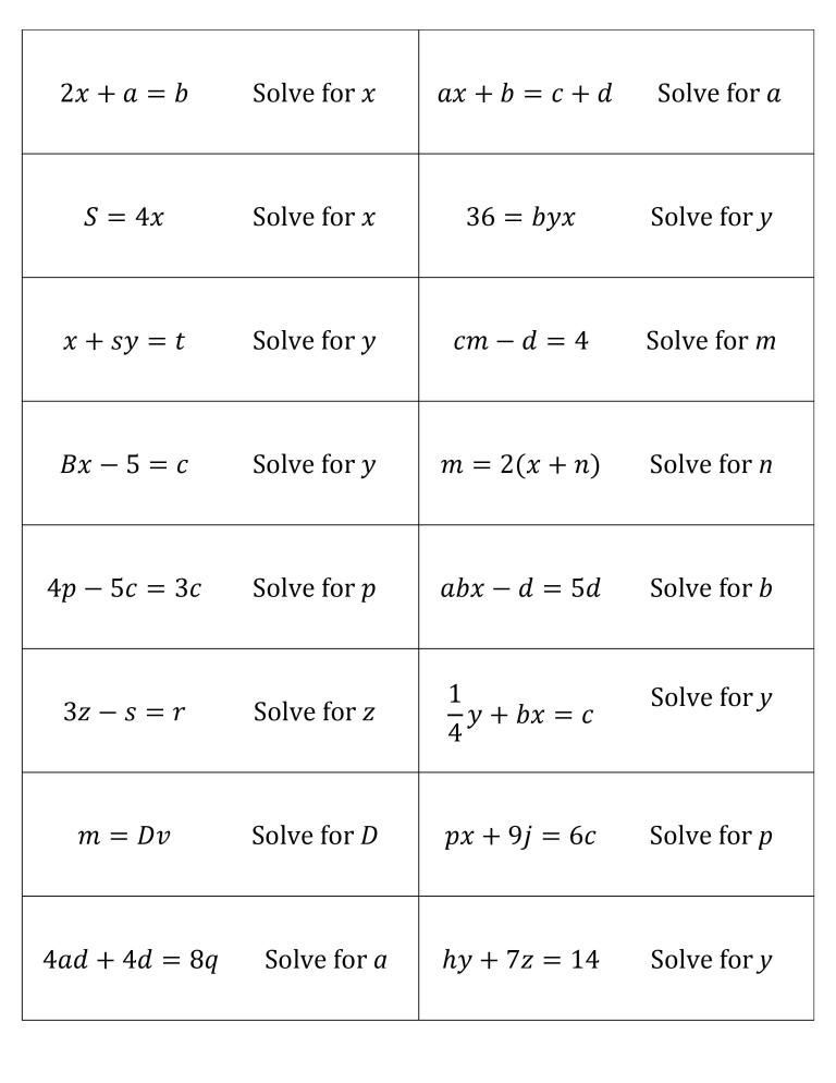 Literal Equations Worksheet 8th Grade