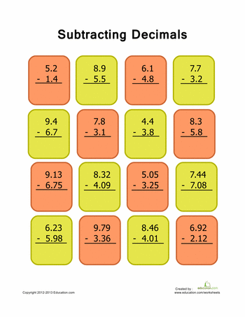 Subtracting Decimals Worksheet 4th Grade