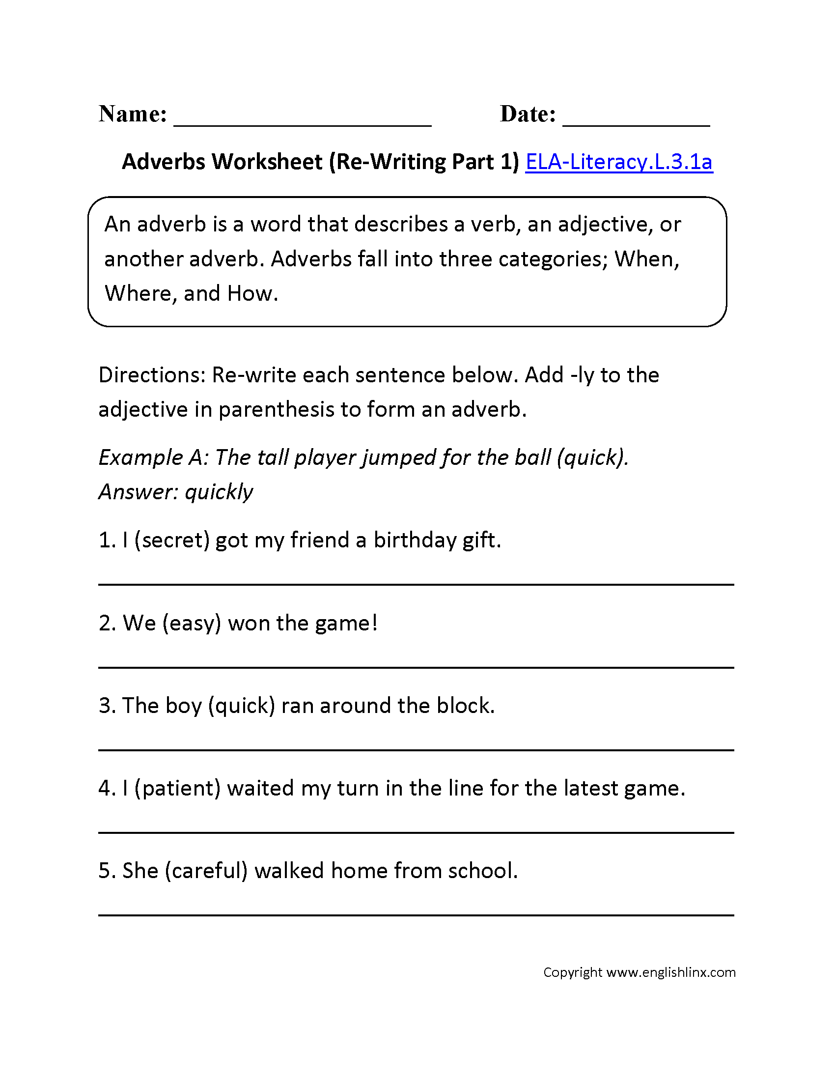 Adverb Worksheets Pdf