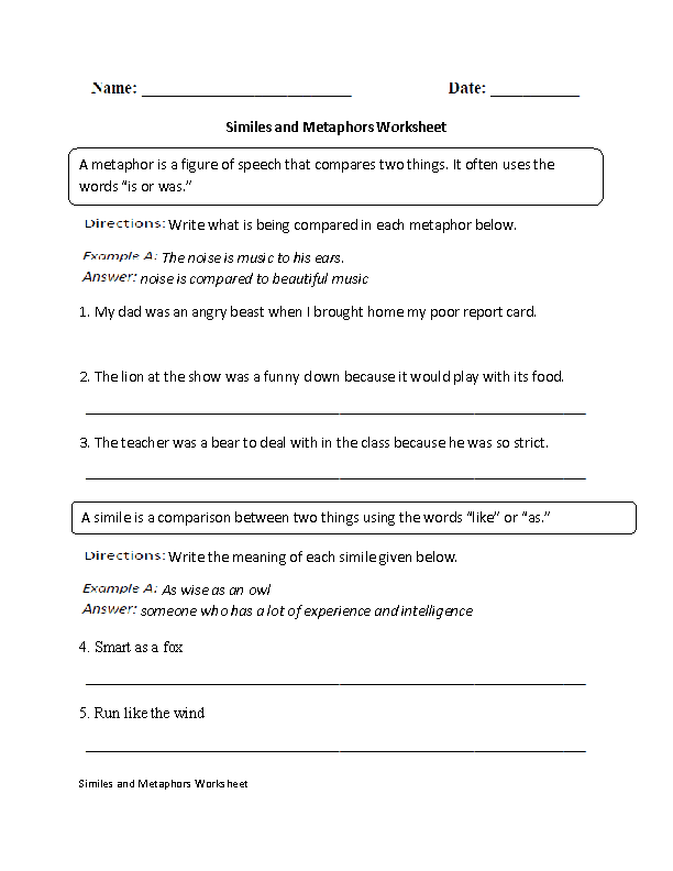 Similes Worksheet 3rd Grade