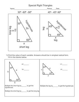 Special Right Triangles Worksheet 45-45-90