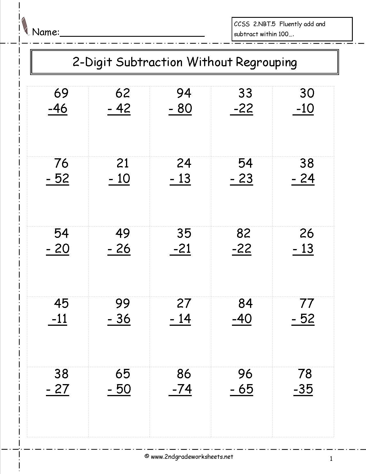 Math Worksheets For Grade 2 Subtraction