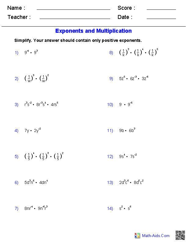 Multiplication Law Of Exponents Worksheet