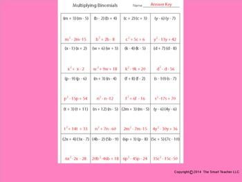 Multiplying Binomials Worksheet Answers