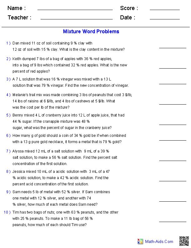 Algebra Word Problems Worksheet