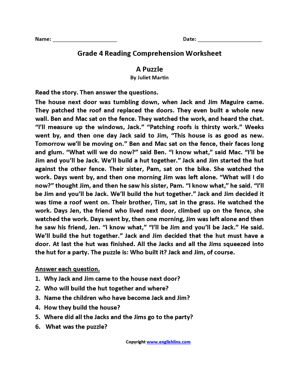 4th Grade Reading Worksheets For Grade 4
