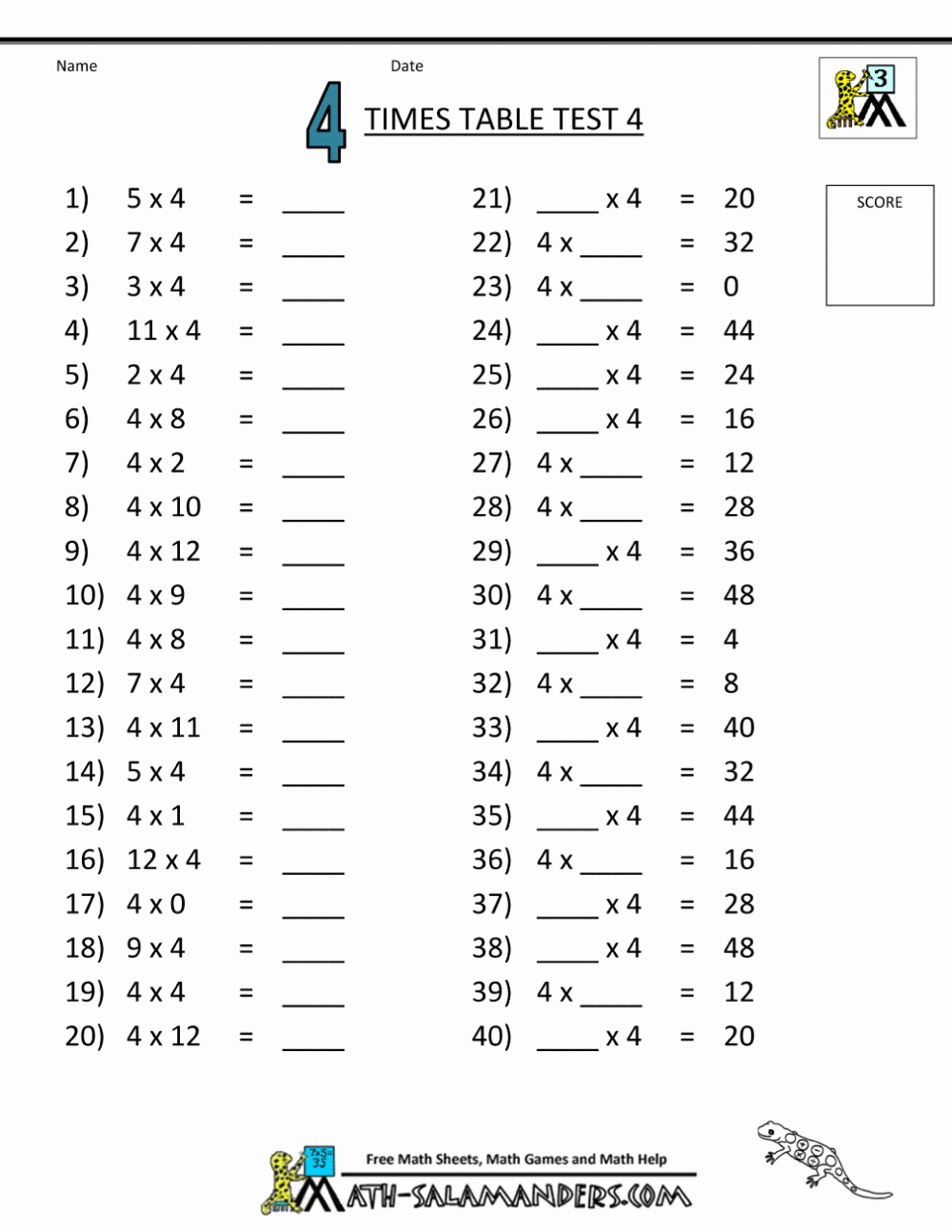 4 Times Table Worksheet Free