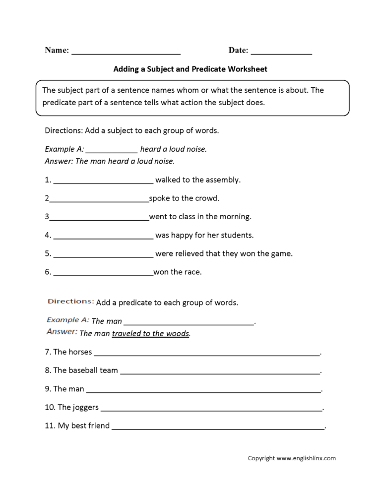 2nd Grade Subject And Predicate Worksheet Pdf