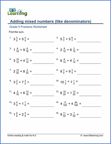 Adding Mixed Numbers Worksheet With Answers