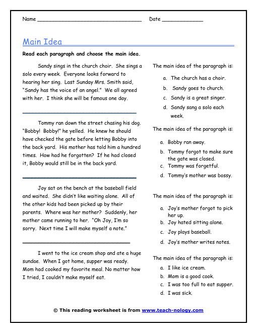 5th Grade Main Idea Worksheets Pdf