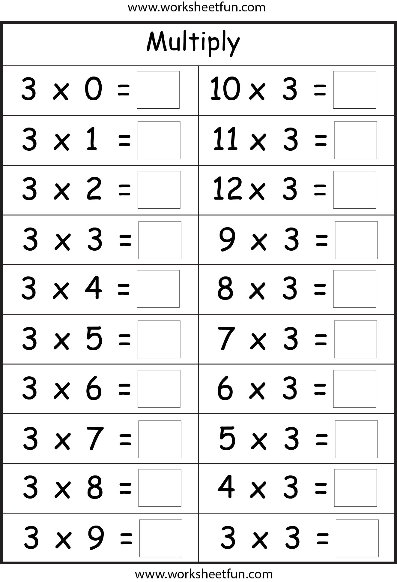 Printable Multiplication Worksheets 3s