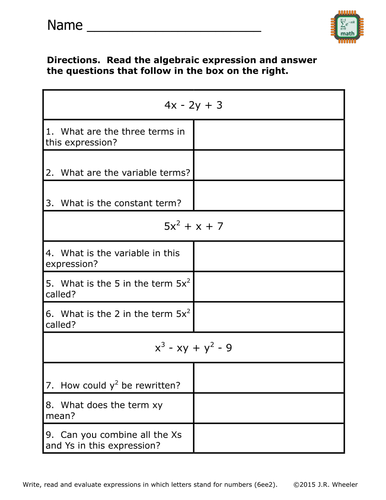 Writing Algebraic Expressions Worksheet 6th Grade
