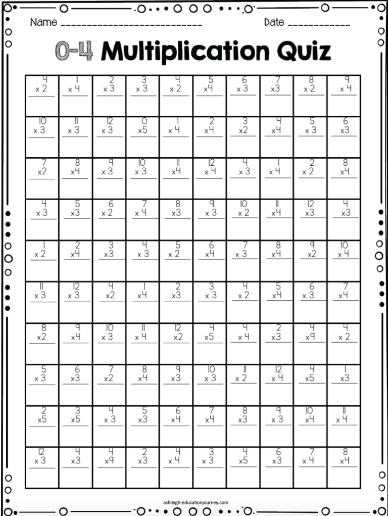 Multiplication Timed Test Free Printable