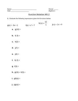Function Notation Worksheet Algebra 2