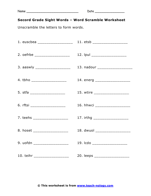 Word Scramble Worksheet For Grade 2