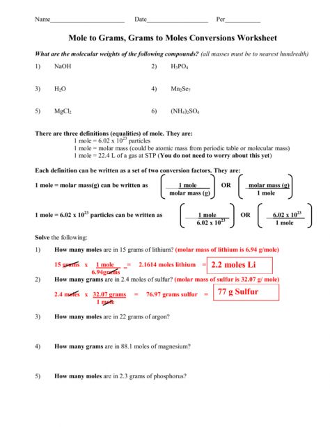 Moles And Mass Worksheet Answers