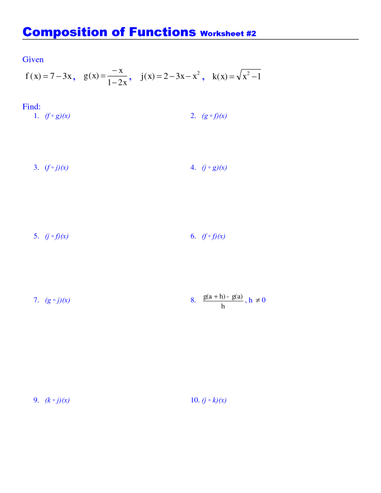 Composition Of Functions Worksheet Algebra 2 Answers